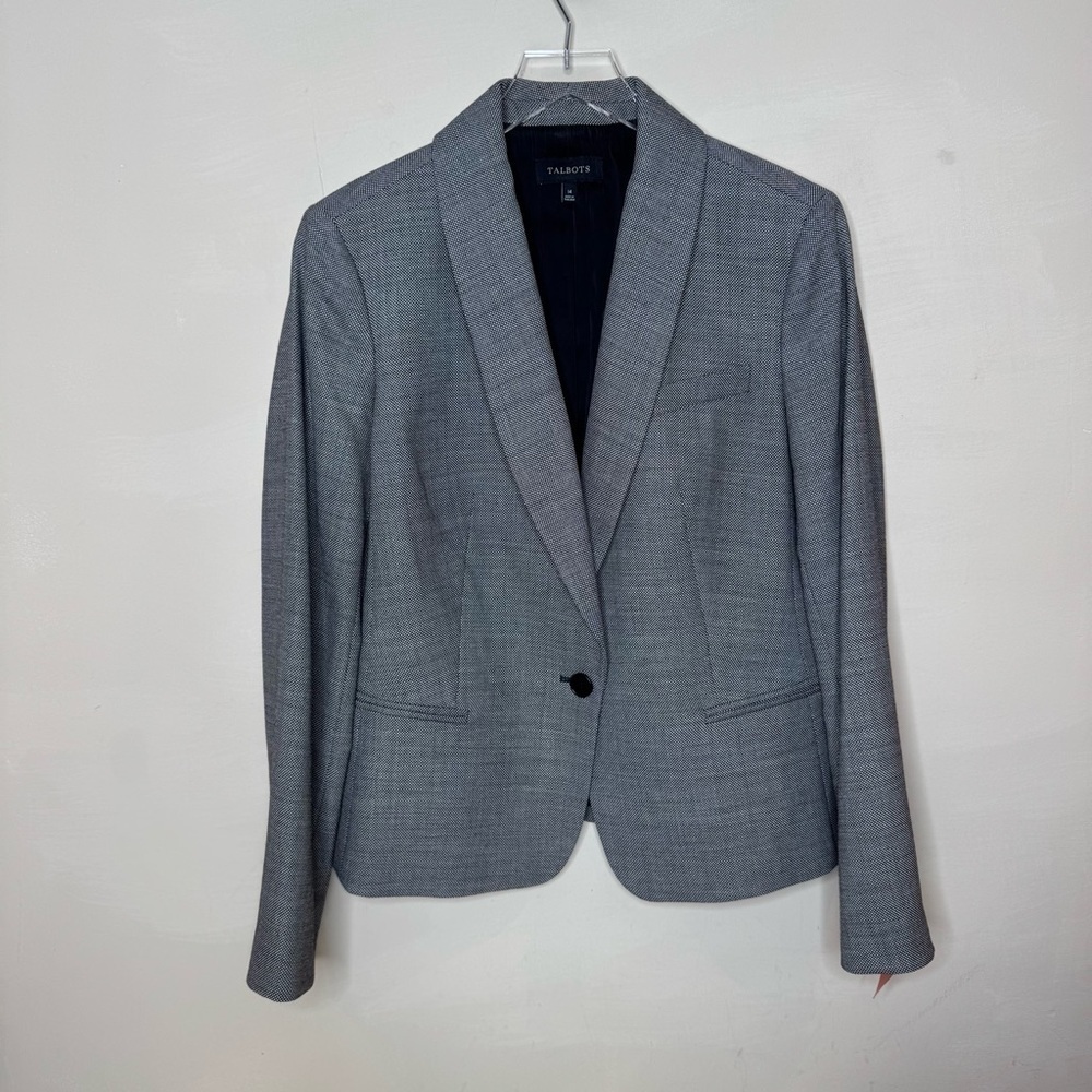Talbots Twill Wool Blend Blazer Jacket Black Circle Print Size 14